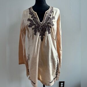 Old Navy Cream and Brown Embroidered Tunic Swim Suit Coverup
